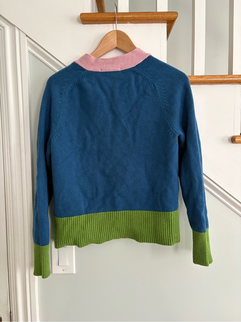 Boden Blue V-Neck Colorblock Cardigan with Pink Trim and Green Hem - Picture 3 of 3